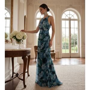 Betsy & Adam Women’s Size 14 Blue Floral Gown NWT Zip Back